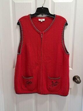 Northern Reflections Red Cardigan Sweater Vest Size XL Embroidered Cottagecore